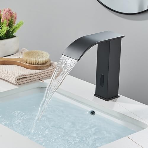 Grifo mezclador con sensor infrarrojo automático negro para lavabo de baño con cascada 3