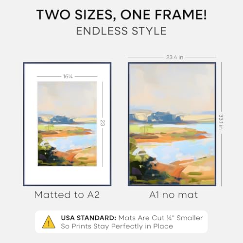 Image of Homeforia A1 Blue Poster Frame, High-End Metal, A2 Mat, Glass | High End Aluminum, Tempered Glass, Acid-Free A2 Removable Mat, A1 Edge-to-Edge Display, Wall Kit, Set Of 1
