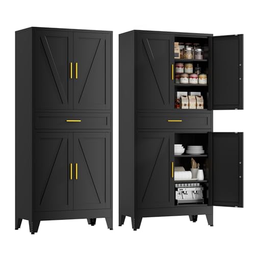 Image of 71 inch Tall Farmhouse Pantry Cabinet,Metal Cabinet with Doors and Shelves,Storage Cabinet for Kitchen Garage,Black 1 Pack
