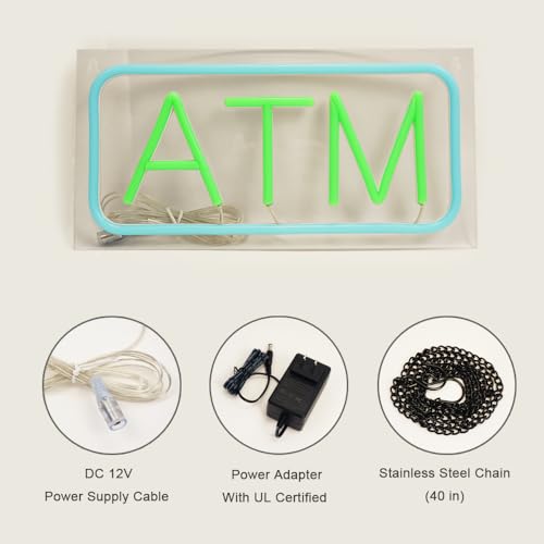 Image of ATM Neon Sign, Mini Size, 12 inchx6 inch, 12V-Powered Business Signboards for Convenience Store, Gas Station, Liquor Shop, Mini Market, High Brightness, Clear Acrylic Backboard, Wall Window Decor