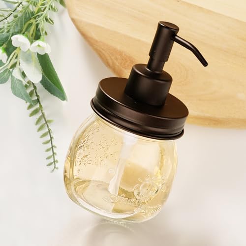 Image of Amolliar Mason Jar Liquid Soap Dispenser Pump, Rustproof Stainless Steel Lid, Refillable Soap Pump for Kitchen, Bathroom, Hand, Dish, Lotion Soap Pump Replacement, Cute Farmhouse Decor, Bronze 2 Pack