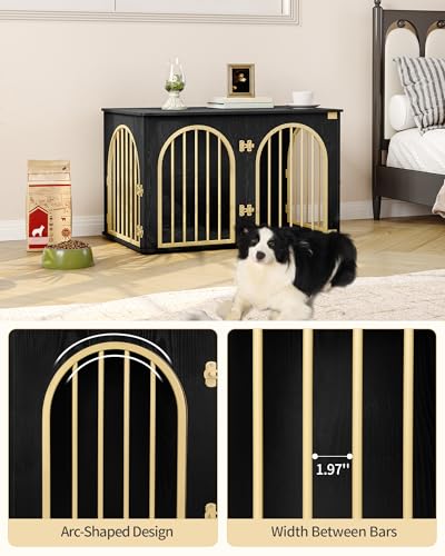 Hzuaneri Hundekäfig Möbel, 100cm Hundebox für Zuhause, 3 Türen, Bogentür, Moderne Hundebox Indoor für Hunde, Beistelltisch, Hundekäfig Hochbelastbar, 100 x 60 x 63 cm, Schwarzes Gold DFC84104A
