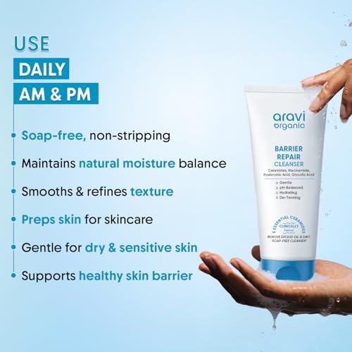 Image of Aravi Organic Hydrating Barrier Repair Face Wash - With Ceramide, Niacinamide & Hyaluronic Acid - Nourishing & Hydrating Cleanser for All Skin Types - Gentle Daily Cleanser for Soft & Smooth Skin - 100 ml