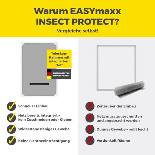 EASYmaxx Insect Protect Teleskop Fliegengitter Fenster mit Rahmen und integriertem Netz | Dachfenster Insektenschutz | Ohne Schneiden | Ohne Bohren | 63 x 93 cm bis 100 x 160 cm [Weiß]