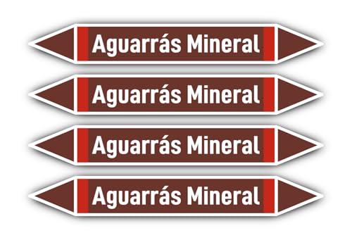 Pegatinas: 300 x 45 mm, 4 unidades – Grupo 8 – Líquidos Inflamables – Identificación de tuberías – según DIN 2403 – Idioma: español – Aguarrás Mineral