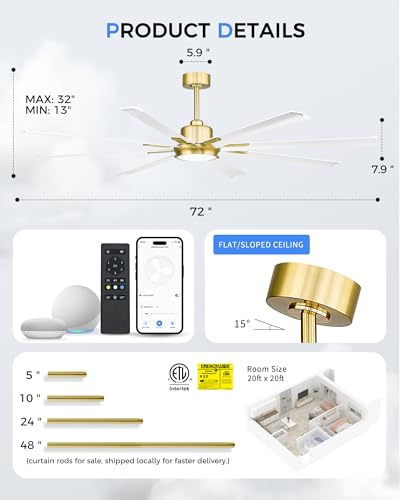 Image of 72 Inch White & Gold Ceiling Fan,Smart Ceiling Fan with Voice Control,Large Ceiling Fan With 8 Aluminium Metal Blades,CF04BGW-72