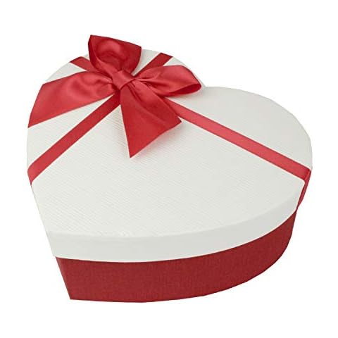 Emartbuy Rigid Heart Shaped Presentation Gift Box, 16 x 14 x 6 cm, Textured Red Box with White Lid, Polka Dots Interior and Satin Bow Ribbon Cover