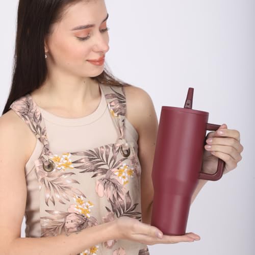 Image of House of Quirk 1200ML Tumbler with Handle & Simple Flip Straw - Car Cup Holder Friendly, Leak Resistant Stainless Steel Water Bottle with Rubber Base (Neon Magenta)