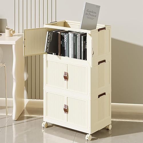 Abschließbare Aufbewahrungsbox aus Kunststoff mit Deckel und magnetischen Türen, 3 Etagen, Rolleimer mit abschließbaren Rollen, ideal für Schlafzimmer, Wohnzimmer, Flur und Büro (49 cm)