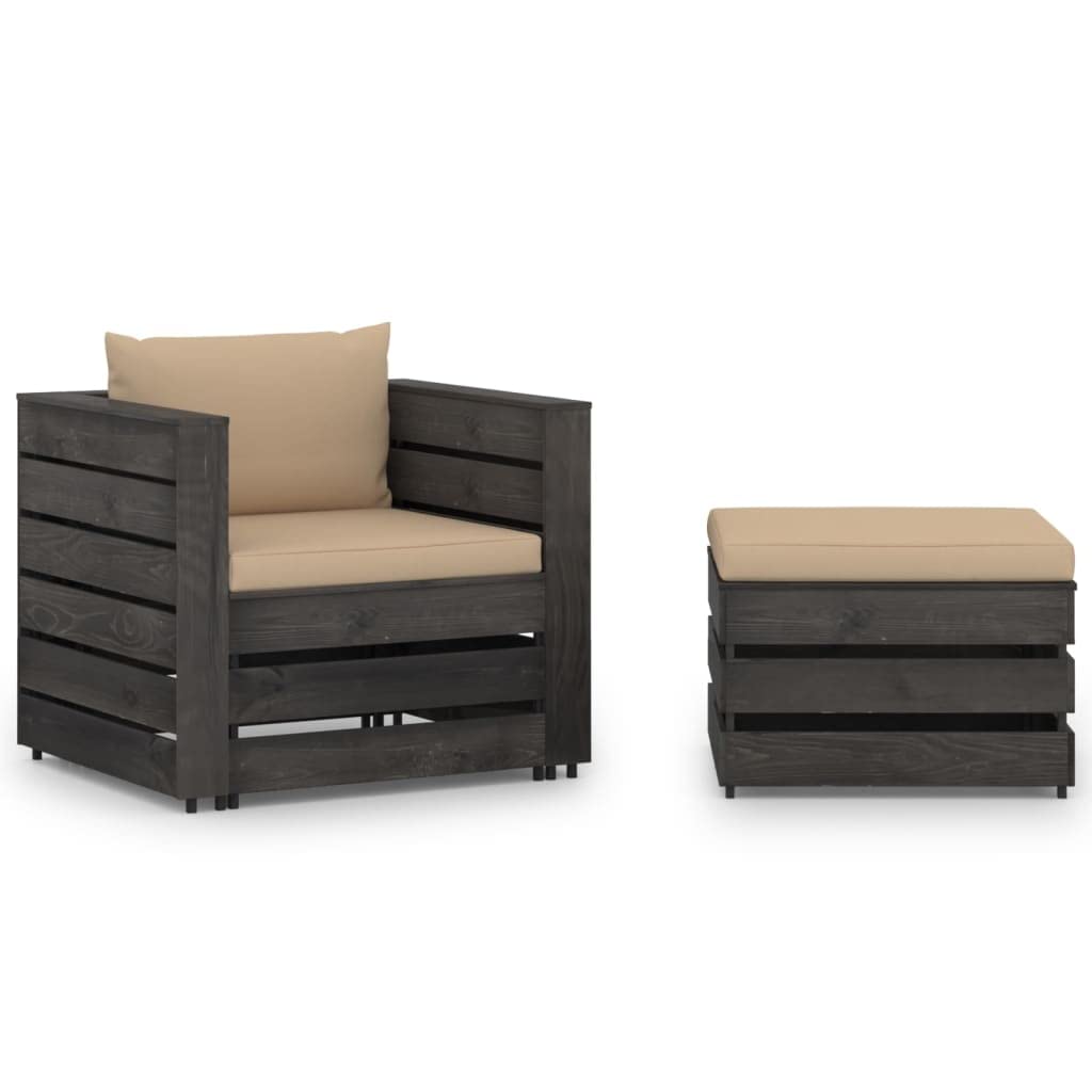Mobili da giardino, 2 pezzi, in legno di pino impregnato, grigio | Modulare, cuscini spessi, resistente alle intemperie, bassa manutenzione