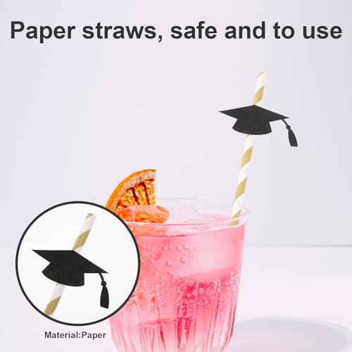 12 pitillos flexibles de papel para graduación negro y dorado miniatura 2