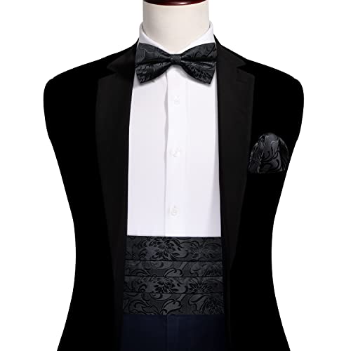 Image of Barry.Wang Men Silk Paisley Cummerbund and Pre-tied Bowtie Handkerchief Cufflink Set for Tuxedo