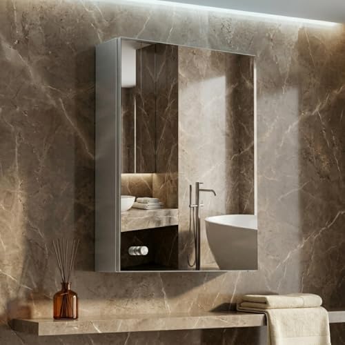 Image of Dropin (14x20 Inch, Chrome Finish 304 Stainless Steel Bathroom Mirror Cabinet, Heavy-Duty Storage Cabinet /Wall Mounted Mirror Bathroom Cabinet Separate Compartments for Storage