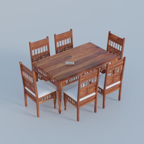 Image of Solid Sheesham Wood 6 Seater Dining Table Set | Six Seater Dinner Table with 6 Cushions Chairs | Dining Table Set 6 Seater for Living Room, Kitchen & Home | Honey Finish