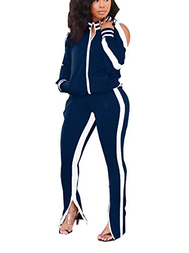 Bluewolfsea Womens Two Piece Sweatsuits Sets Sexy Cold Shoulder Long Sleeve Jacket Sweatpants Outfits Sportswear X-Large Navy