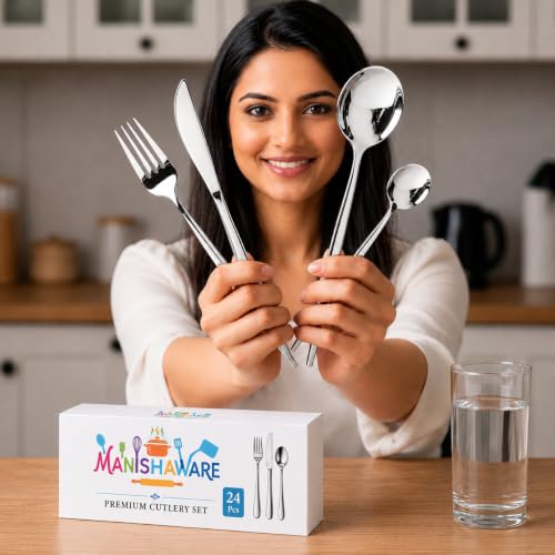 Image of Slim Handle Silver 24 Pcs Stainless Steel Cutlery Set for Dining Table, Dishwasher Safe Glossy Flatware (6 Spoon Set + 6 Forks Set + 6 Butter Knife + 6 Dessert Spoon)