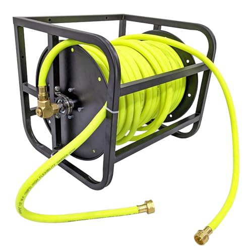 Image of Dolphy Steel Floor Mounted Manual Water Hose Pipe Reel with 1 /2 in. x 60 Meter (197 FT) Rubber Hose-150 PSI