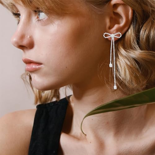 Silver Bow Earrings - Sparkle Long Dangle Rhinestone Drop Bling Gold Bowknot Earrings3