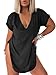 Tankaneo Womens Deep V Neck Short Sleeve T Shirts Summer Oversized Tshirts Casual Loose Fit Tunic Tops Black