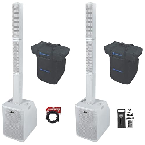 Rockville Bundle: (2) Titan Array System White Pro Powered Column Array Speaker Bundle with RCXFM20E-B Female to Male XLR Mic Cable and RMC-XLR Wired Microphone Mic w/(2) Cables (4 Items)