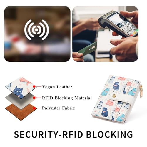 Image of GOIACII Small Wallet for Women Leather Bifold Zipper Coin Pocket RFID Blocking Cute Credit Card Holder Little Cats Print