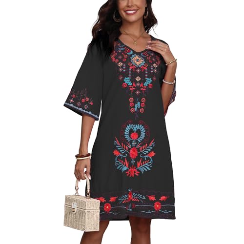 Image of Grosy Women's Embroidered Mexican Fiesta Dress Plus Size Traditional Floral Boho Dresses for Women Peasant Hippie Outfit