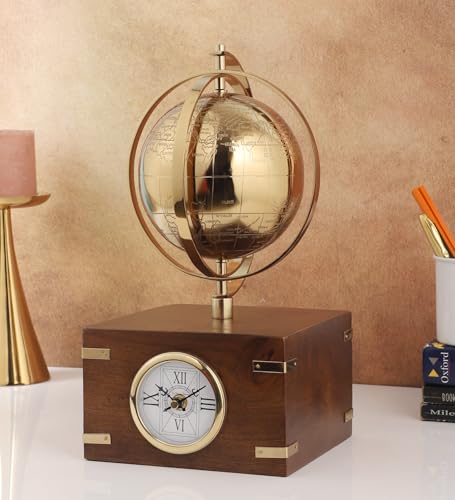 Image of Decor de Maison Metal Brings Handcrafted Table Clock for Kidsroom, Bedroom, Study Table, Office Desk|Classic Non-Ticking Tabletop Battery Operated Analog Desk Clock (Gold, Atlasphere Table Clock)