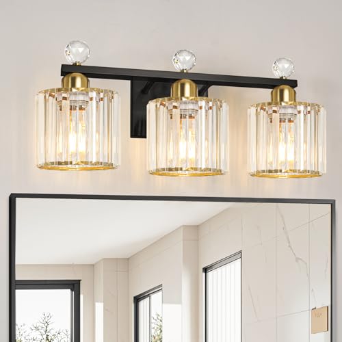Image of Lxybcce Black and Gold Bathroom Vanity Light, 3-Lights Crystal Vanity Lights for Bath, Modern Bathroom Light Fixture Over Mirror, Wall Mount Lights with Clear Crystal Glass for Bedroom Living Room