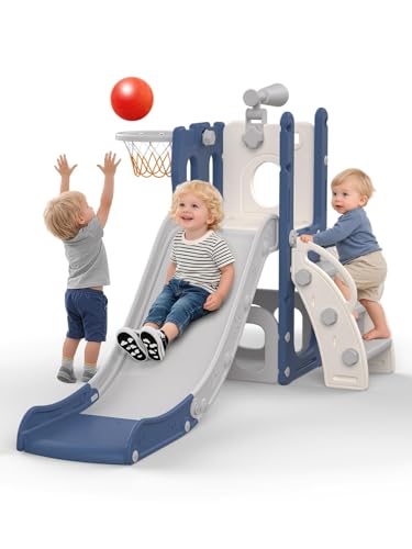 hoopyosms Tobogán Infantil con Aro de Baloncesto, Pelota y Telescopio de Juguete, Parque de Juegos Interior y Exterior para Bebés y Preescolares(Azul)
