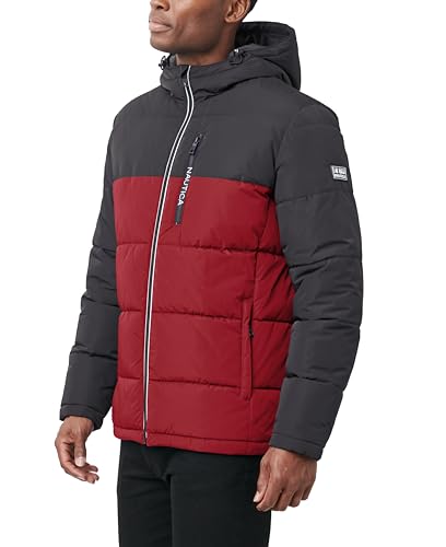 Image of Nautica Men's Midweight Quilted Faux Memory Puffer Jacket -Adjustable Hood Insulated Winter Coat