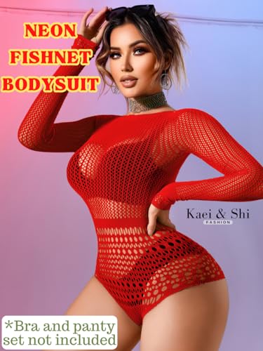 Image of Kaei&Shi Sexy Hollow Rave Outfits, Fishnet Bodysuit Fits US Women Sizes 0-18, Sheer Lace Glow Party Tops Festival Mesh