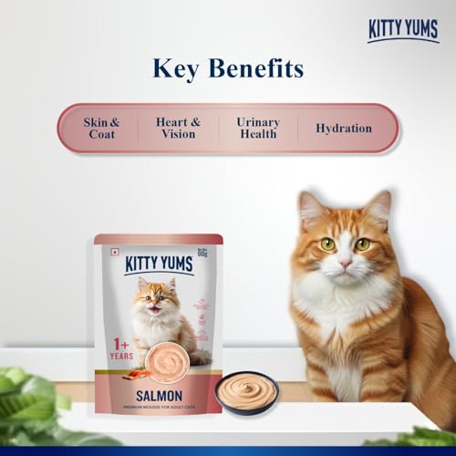 Image of Kitty Yums Adult Cat Wet Mousse 80g | Salmon | Rich in Protein | Promotes Hydration & Easy to Digest | Grain Free | No Artificial Flavours | Packed with Essential Vitamins & Antioxidants