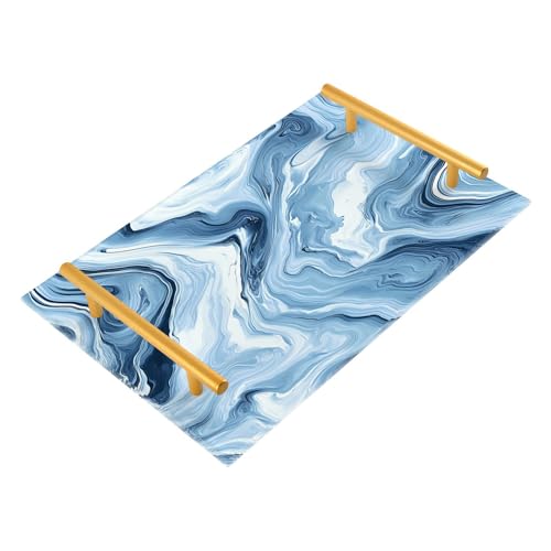 GUIJI Marble Texture Acrylic Tray, Perfume Cosmetic Jewelry Decorative Trays Bathtub Organizer, Living Room Kitchen Serving Tray with Gold Handles