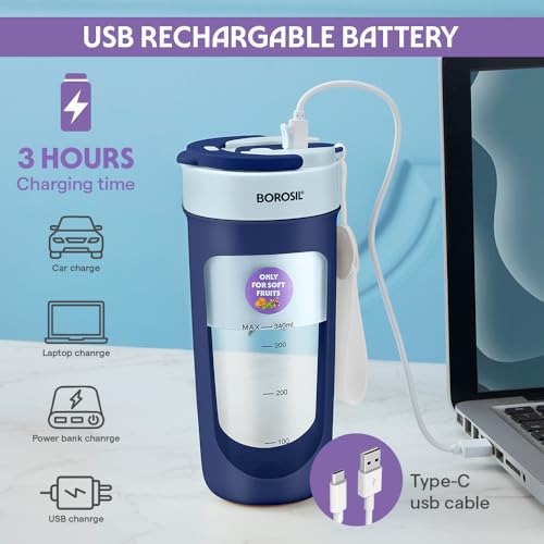 Image of Borosil NutriSip Blue Portable Blender | 40W Low-Noise DC Motor | 340ml Unbreakable PC Jar | USB Rechargeable | Turbo 6 Blade Action | Smoothies, Shakes, Soft Fruit, Protein Mix | 1 Year Warranty