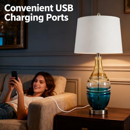 Maxax 27" Coastal Glass Table Lamps Set of 2 for Living Room, Modern Blue Bedside Lamps with USB Port 3-Way Dimmable Glass Brdeoom Lamps for Night Stand - Image 5