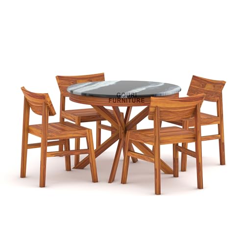 Image of Wooden Dining Table Set 4 Seater with Top Glossy Finish | Round Four Seater Dinner Table with 4 Chairs Solid Wood Dining Room Sets for Hotel Restaurant (DIY) Self Customer Assembly(Natural, Sheesham)