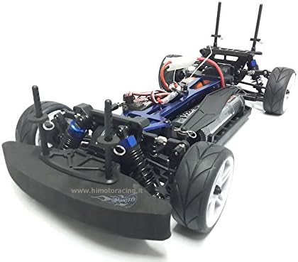 Z góry na dół view of the HIMOTO NASCADA RC car chassis without the body shell, showing the rear suspension and internal components.