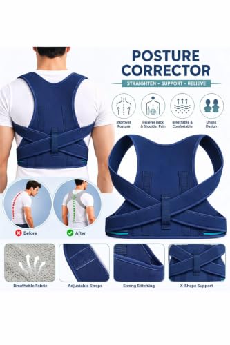 Image of Posture Corrector Belt for Men & Women | Adjustable Back Brace | Upper Back & Shoulder Support | Neoprene Spine Corrector Belt | Relieves Back Pain, Neck Hump & Rounded Shoulders (Navy Blue)