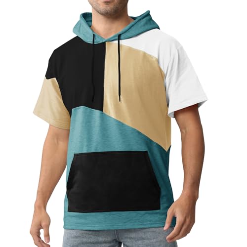 Mens Short Sleeve Hoodie Cotton Color Block T-Shirt Sweatshirt Moisture Wicking Half Sleeve Summer Pullover
