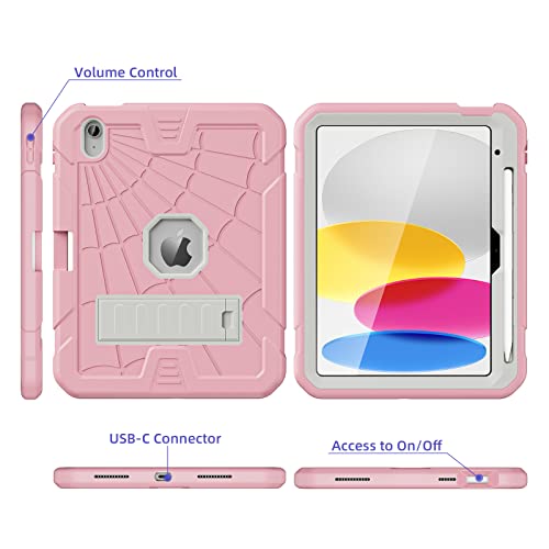 SIBEITU iPad 11th A16 2025/ 10th Generation Case for Kids Girls, Shockproof Rugged iPad 10th 10.9 Inch Case 2022 with Kickstand & Pencil Holder, 3-Layer Protective Cute 10 Gen Cover for Women, Pink