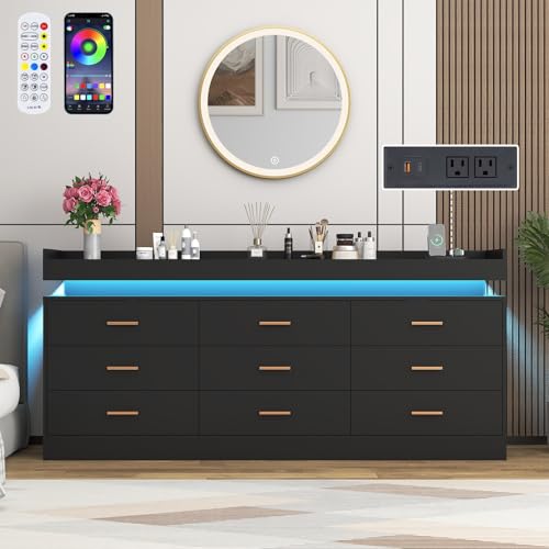 Image of Hlivelood 9 Drawer Dresser with LED Light and Charging Station, 63 inch Modern Chest of Drawers for Closet, Wide Drawer Organizer Cabinet for Bedroom, Living Room, Entryway, Hallway, Black