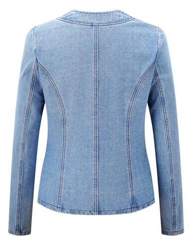 Kedera Women's Pearl Denim Jacket Long Sleeve Collarless Rivet Short Denim Coat with Pockets2