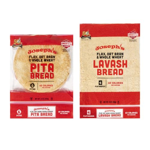 Joseph's 2-Pack Value Variety Bundle, Flax Oat Bran Whole Wheat Lavash Bread (4 Lavash Squares Total) and Pita Bread (6 Pita Loaves Total), Fresh Baked