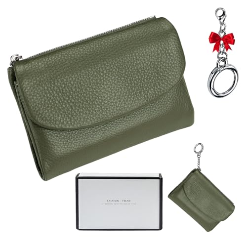 Unisex Pebble Leather Wallet - Slim Genuine Leather Card Holder, RFID Protected with Dual Zipper Coin Pockets, 6-Card Slots & Cash Organizer, Travel-Ready for Women & Men (Olivegreen)