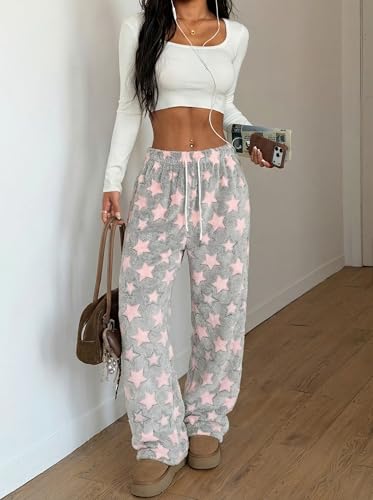 Image of ZAFUL Women's Fuzzy Plush Pajama Pants Wide Leg Pj Bottoms Lounge Pants | Soft Fluffy Sleep Pants Drawstring Elastic Waist Teddy Pjs for Women No Pockets