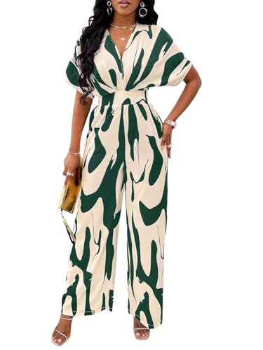 Image of PerZeal Women's V-Neck Short Sleeve Printed Jumpsuit with Pockets - Casual Wide Leg One-Piece Romper for Summer（S-XXL）