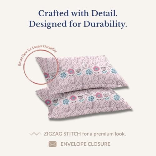 Image of Jaipur Weaves King Size Elastic Fitted Bedsheet, 100% Pure Cotton King Size Fitted Bedsheet for Double Bed with 2 Pillow Covers, 240 TC, 72x78 Inches up to 8-inch Mattress, Floral (Pink Harmony)