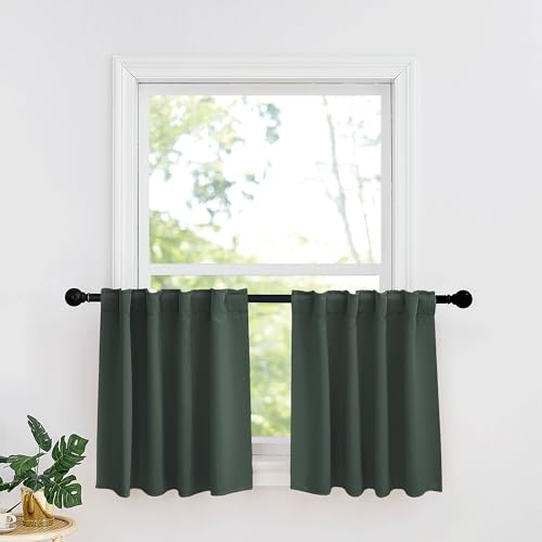 Image of RYB HOME Dark Green Small Blackout Window Curtains - Insualting Privacy Curtains for Kids Bedroom Kitchen Bathroom Basement Cafe Cabinet Tiers Drapes, 34 Width x 24 Length, 2 Panels