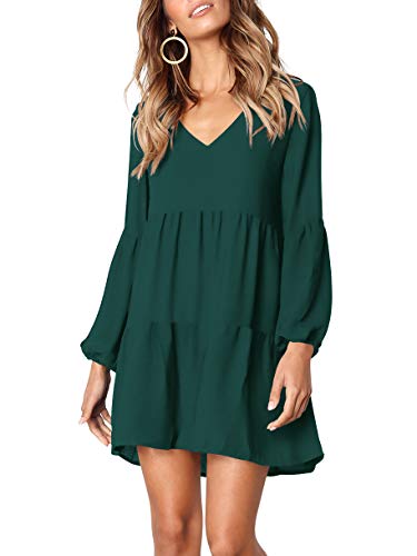Amoretu Women Long Sleeve Tunic Dress V Neck Swing Shift Dresses(Green,Medium)