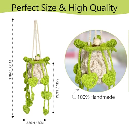Image of Crochet Car Air Freshener Hanging, Cute Hanging Plant for Cars, Crochet Plant with 10ml Empty Refillable Oil Diffuser Bottle, Handmade Boho Car Ornaments Charms for Rear View Mirror, Green
